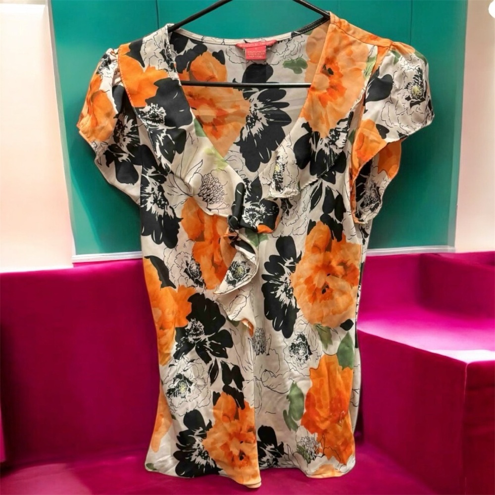 Sunny Leigh Orange and Black Floral Blouse SMALL